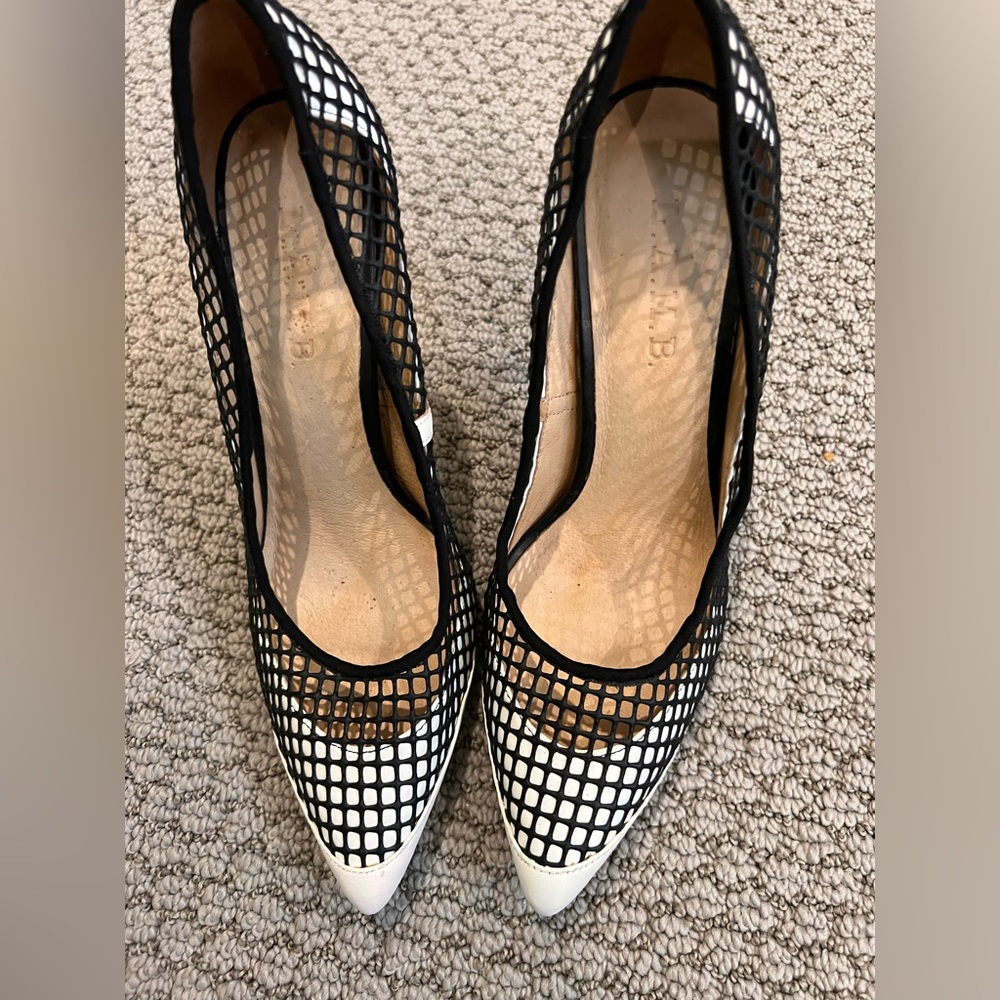 L.A.M.B- Black & White Fishnet Heeled Pumps